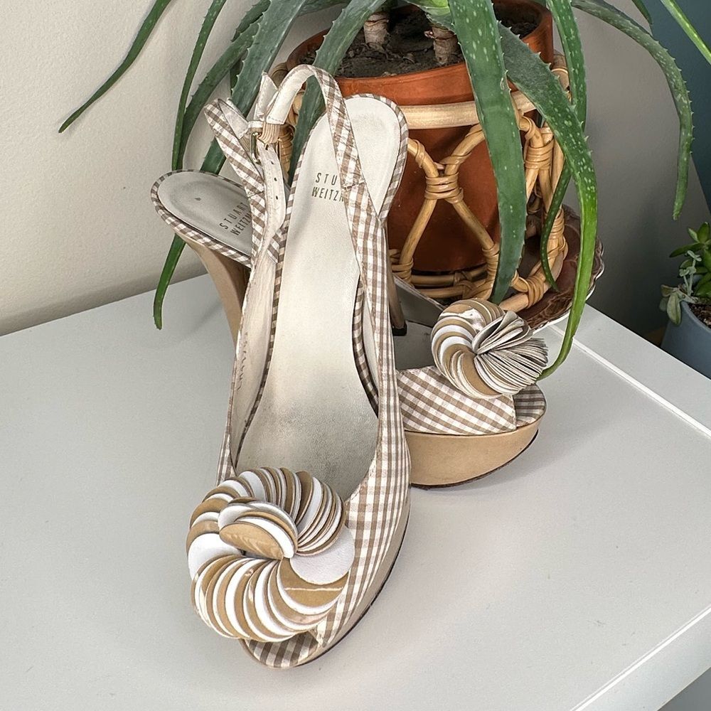 Stuart Weitzman Gingham Slingback Heels 7M | Platform Peep Toe Floral Bow